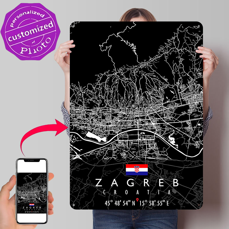 3D Printing Zagreb - Affiche ZAGREB MAP CROATIA, panneaux métalliques